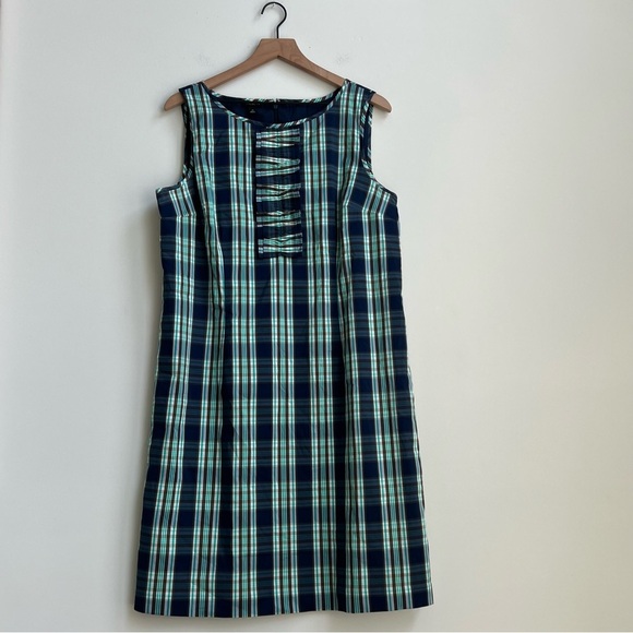 Talbots Blue Green Tartan Plaid Sleeveless Ruffle Stretch Sheath Dress Size 12 - Picture 3 of 12